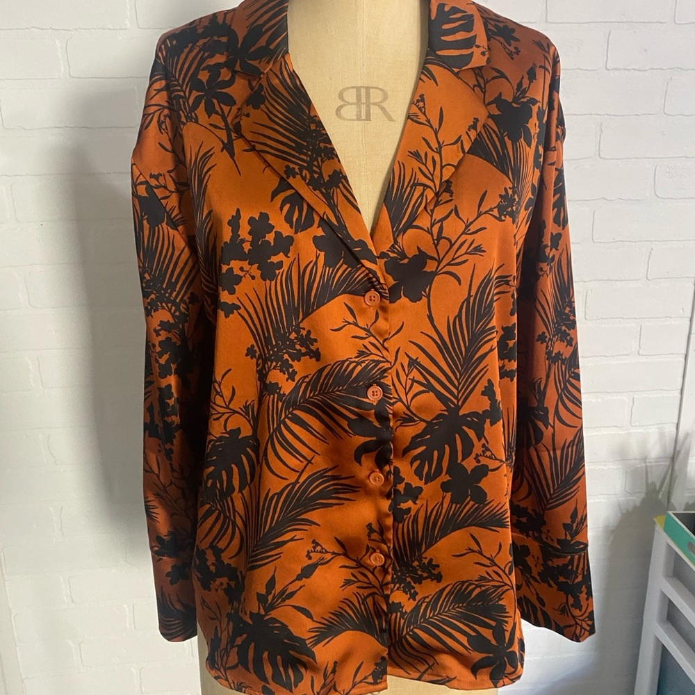Floral Orange and Black Women's button down shirt